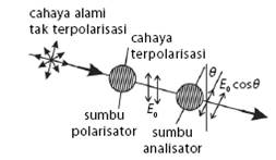 Gambar 3. Dua buah polaroid, polaroid pertama disebut polarisator dan polaroid kedua disebut analisator dengan sumbu transmisi membentuk sudut θ